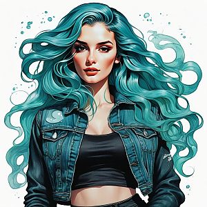 Confident Young Woman with Teal Hair in Denim Jacket