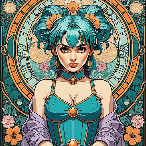 Art Nouveau Style Digital Portrait of Woman with Teal Hair and Floral Background