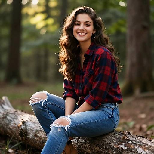Gen Z Woman Sitting on Log Wearing Plaid Shirt and Ripped Jeans in Forest