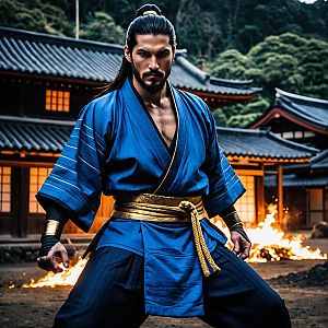 Determined Man in Blue Kimono - Martial Arts Pose