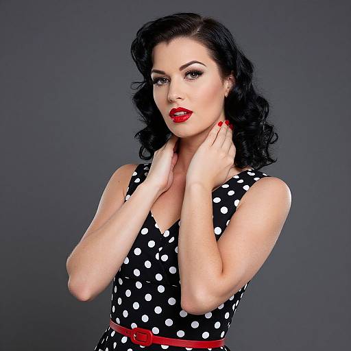 Vintage 1950s Style Woman in Polka Dot Dress with Red Lipstick
