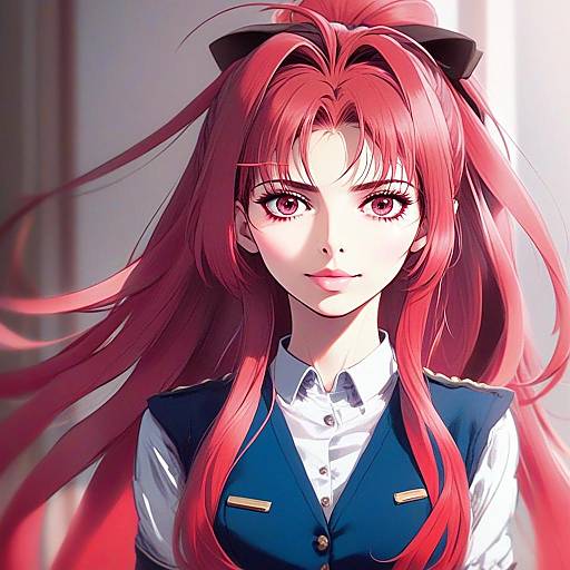 Anime Portrait of a Red-Haired Woman in Navy Blue Vest