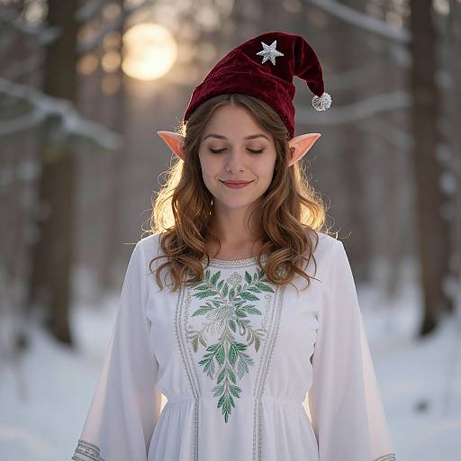 Young Woman in Festive Elf Hat and Embroidered White Dress in Winter Forest