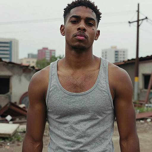 Confident Gen Z Man in Urban Street Style Wearing Gray Tank Top