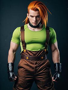 Realistic Android 13 Cosplay Man with Orange Hair and Green Shirt