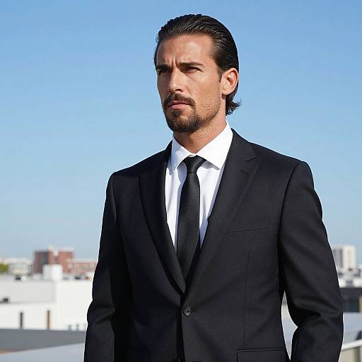 Confident Man in Black Suit with Urban Skyline Background