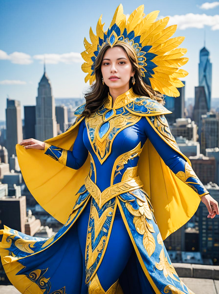 Stunning Woman in Blue and Gold Costume with City Skyline