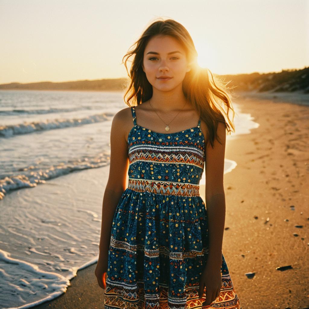 Young Woman in Patterned Dress on Beach at Sunset