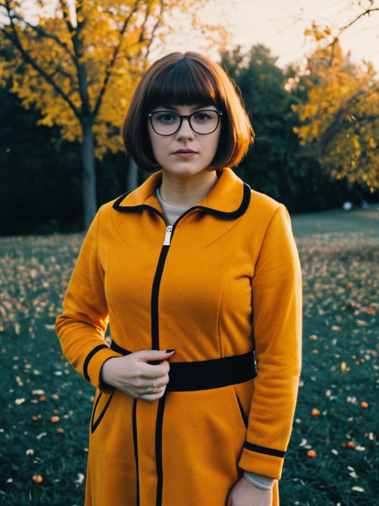 Woman in Velma Halloween Costume Outdoors Autumn Portrait