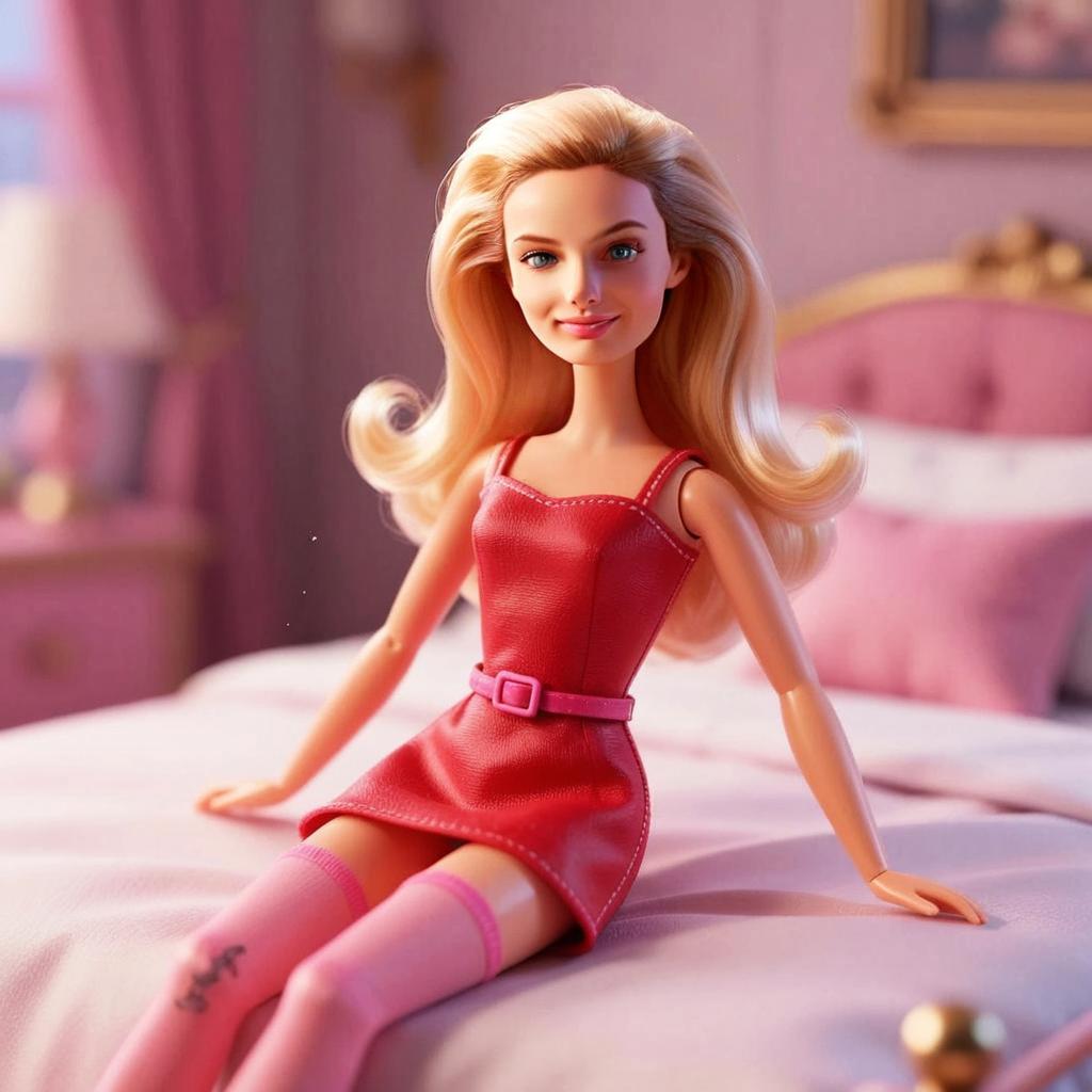 Blonde Woman Doll in Red Dress Sitting on Pink Bed