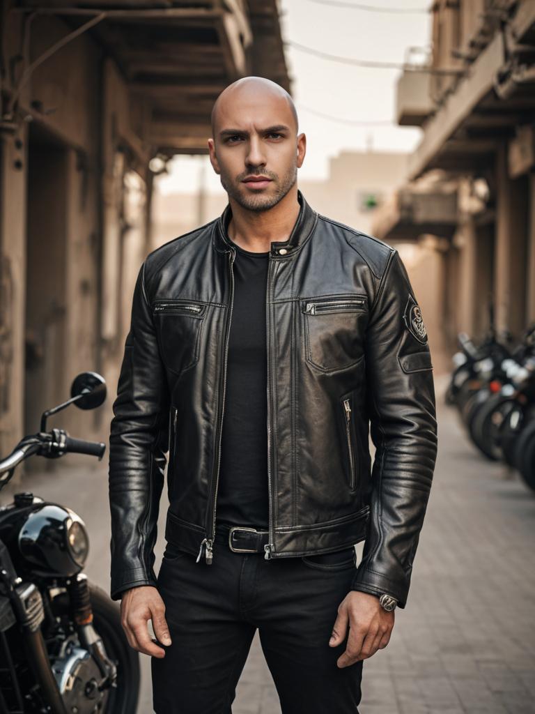 Confident Man in Leather Jacket in Urban Alleyway