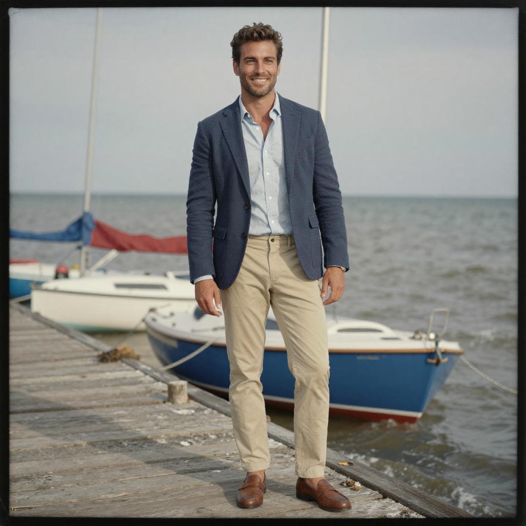 Man in Light Blue Cotton Shirt and Beige Slim-Fit Chinos by the Sea