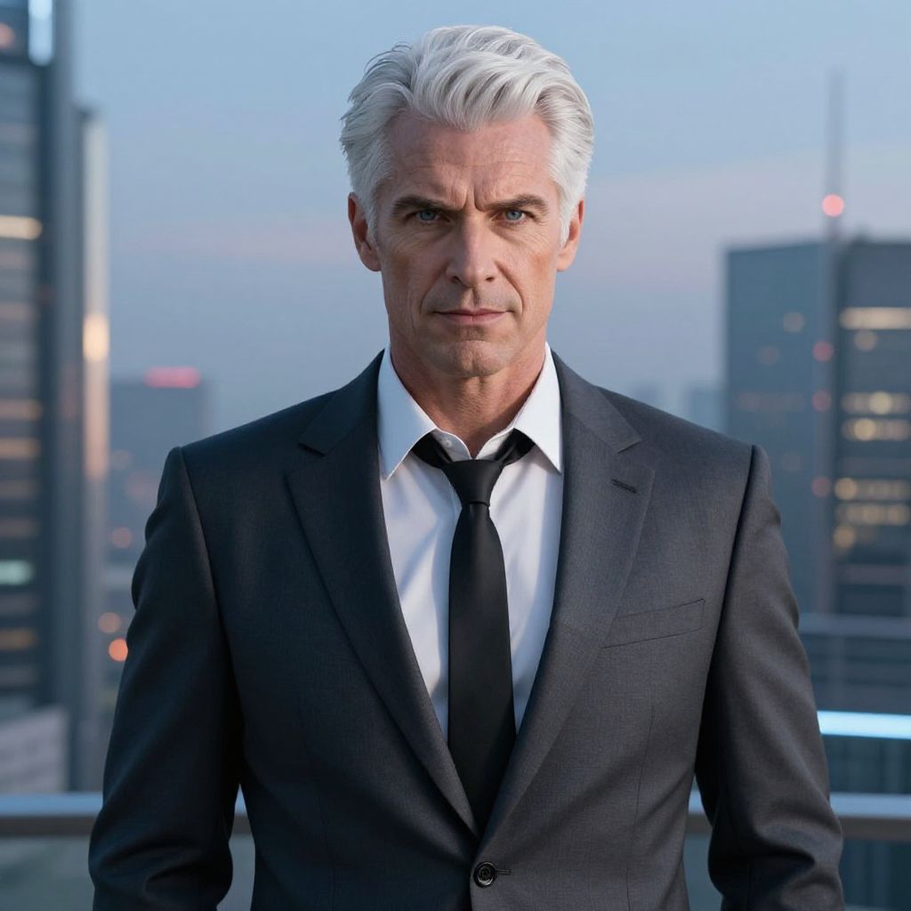 Confident Businessman in Dark Suit with City Skyline Background