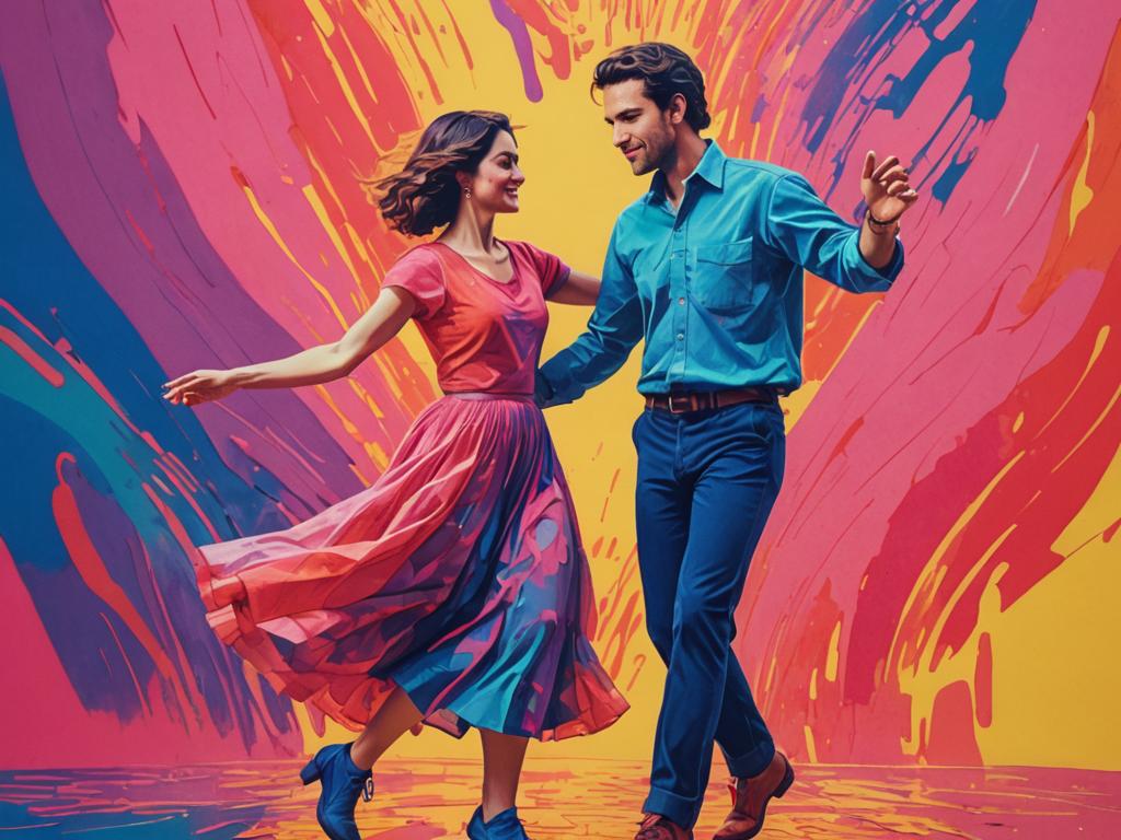 Joyful dancing couple with colorful abstract backdrop