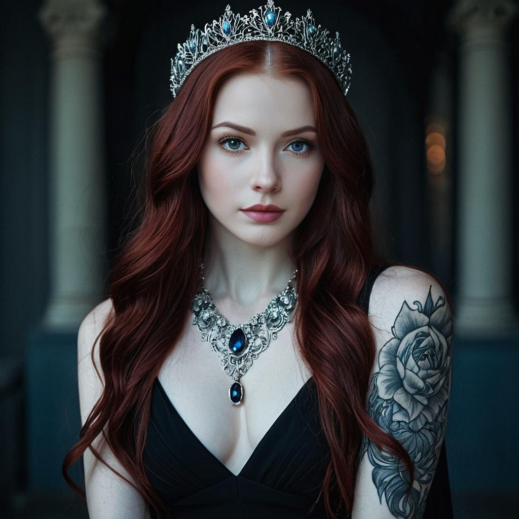 Regal Woman with Red Hair Wearing Crown, Blue Jewelry, and Floral Tattoo