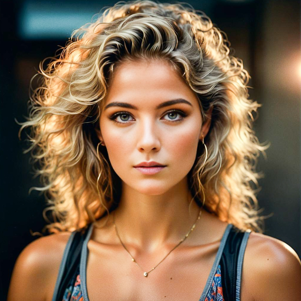 Young Woman with Curly Hair and Captivating Gaze