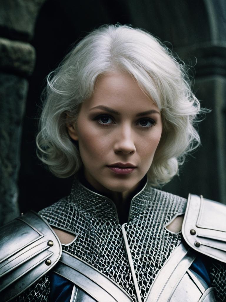 Woman in Excalibur Medieval Armor Costume with Chainmail and Shoulder Plates
