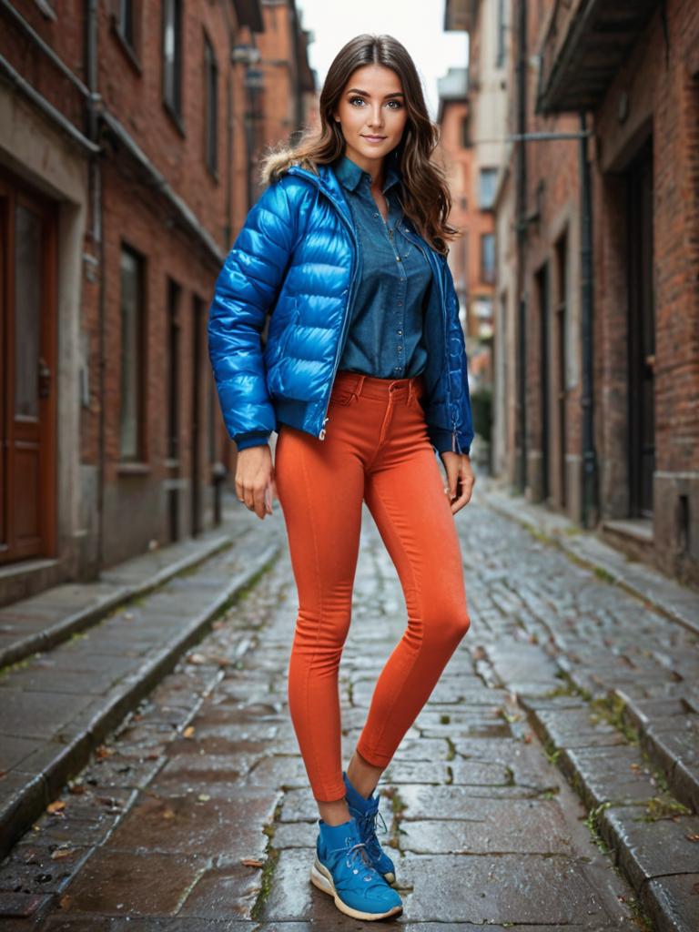 Stylish Woman in Blue Puffer Jacket on Cobblestone Street