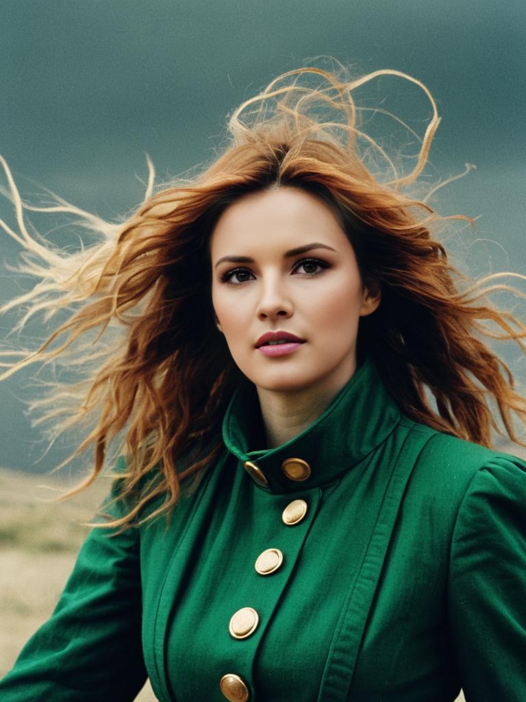 Portrait of Woman with Flowing Red Hair in Green Coat