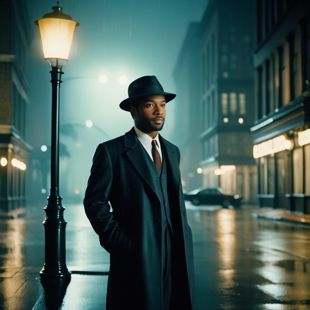 Stylish man under vintage streetlamp in noir setting