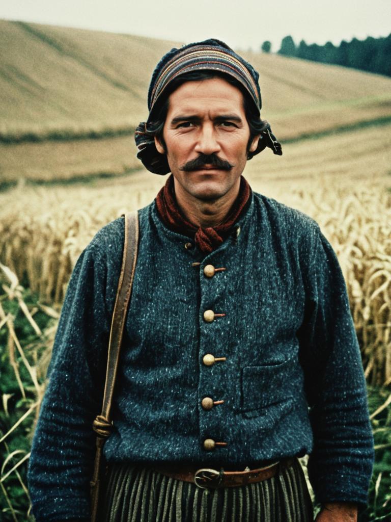 Man in Traditional Peasant Clothing Standing in Wheat Field