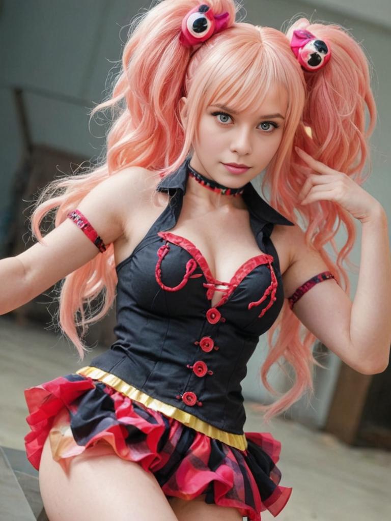 Junko Enoshima Cosplay with Pink Hair and Iconic Outfit