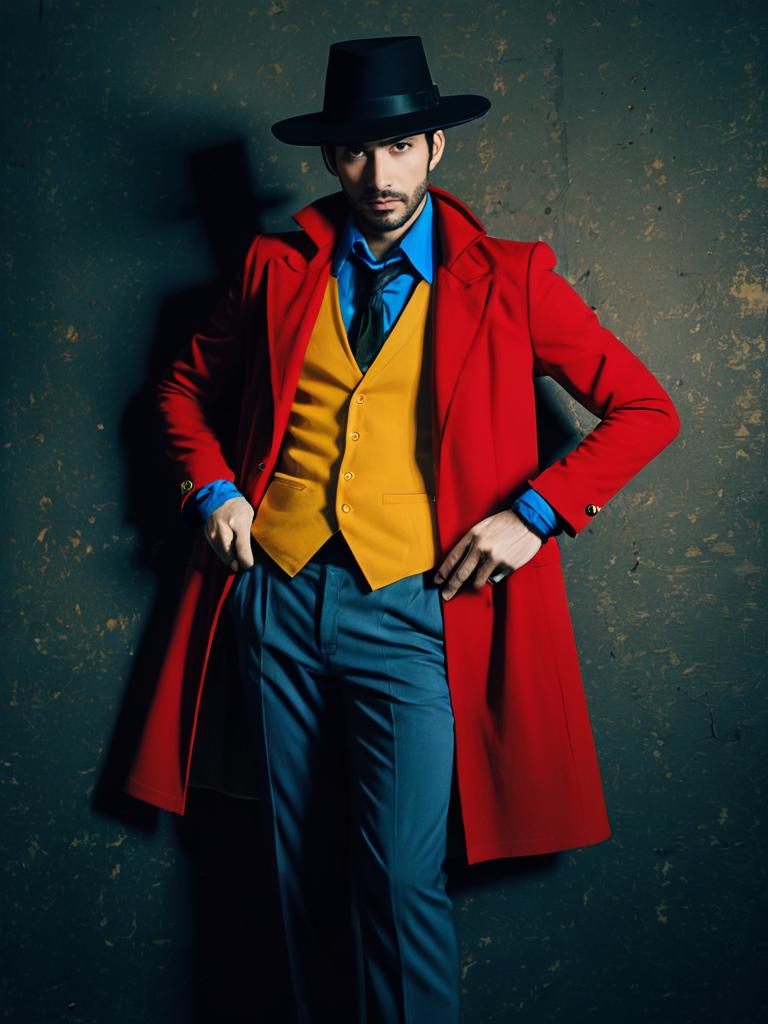 Man in Arséne Lupin III Cosplay Costume Realistic Photo Man in Arséne Lupin III Cosplay Costume Realistic Photo