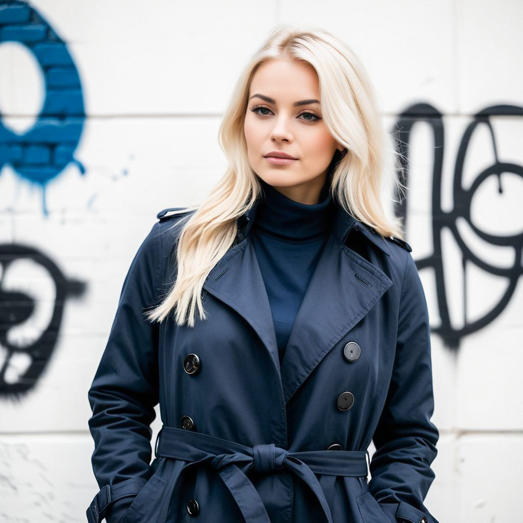 Confident Woman in Stylish Navy Trench Coat Against Graffiti Wall