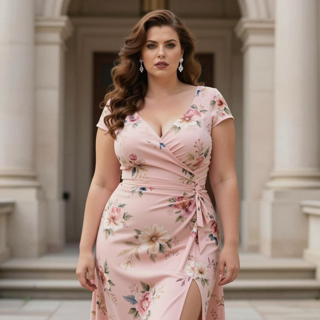 Woman in Pink Floral Wrap Dress with Side Slit Fashion Portrait