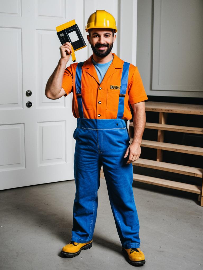 Man Wearing Bob Builder Costume with Yellow Helmet and Blue Overalls