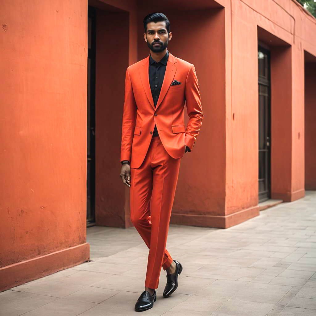 Man in Orange Suit in Urban Setting