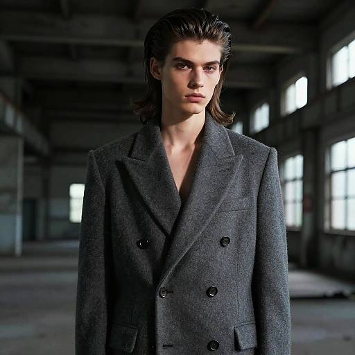 Gen Z Young Man Wearing Double-Breasted Gray Coat in Industrial Warehouse