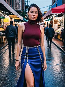 Urban Street Style Woman in Burgundy Turtleneck and Blue Skirt with Chains