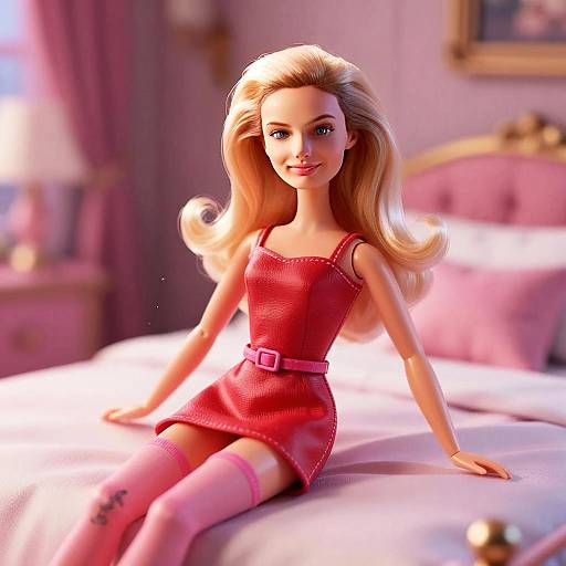 Blonde Woman Doll in Red Dress Sitting on Pink Bed