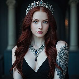 Regal Woman with Red Hair Wearing Crown, Blue Jewelry, and Floral Tattoo