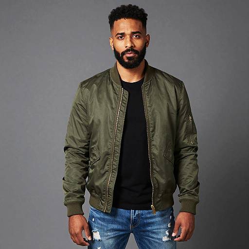 Gen Z Man Wearing Green Bomber Jacket and Distressed Jeans