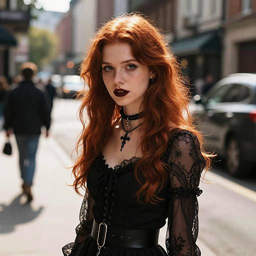 Gothic Style Red-Haired Woman in Black Lace Dress on City Street