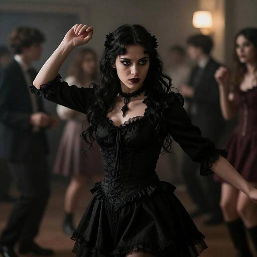 Gothic Young Woman Dancing in Black Corset Dress at Party