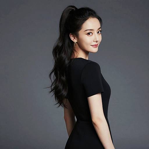 Elegant Young Woman with High Ponytail Wearing Black Dress