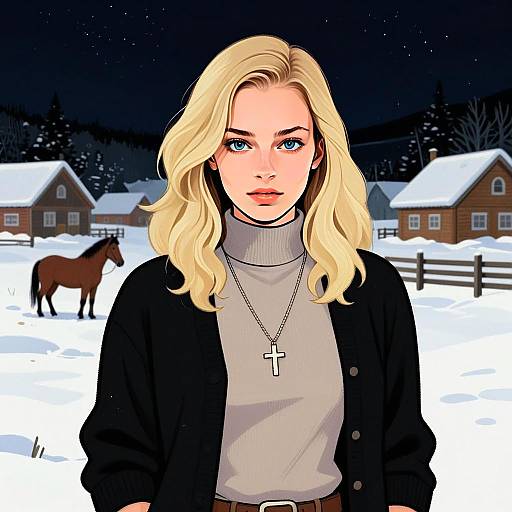 Illustrated Winter Portrait of Blonde Woman with Cross Necklace Outdoors