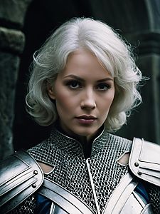 Woman in Excalibur Medieval Armor Costume with Chainmail and Shoulder Plates