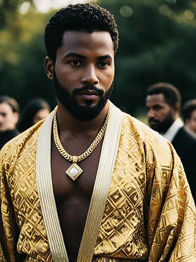 Man in Gold Midas Costume with Beard and Gold Chain Necklace