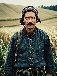 Man in Traditional Peasant Clothing Standing in Wheat Field