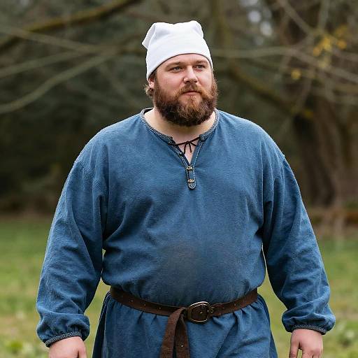 Plus Size Bearded Man in Medieval Merry Man Costume Blue Shirt