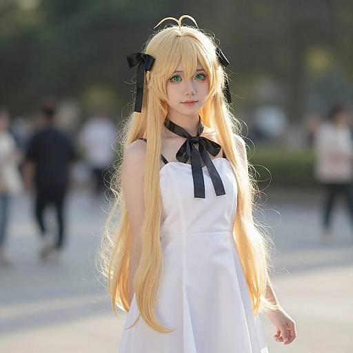 Mononobe Alice Cosplay with Blonde Hair and White Dress Outdoors