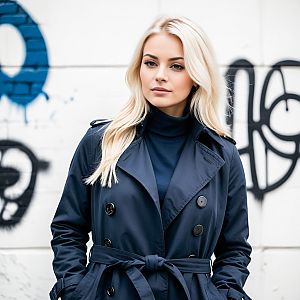 Confident Woman in Stylish Navy Trench Coat Against Graffiti Wall