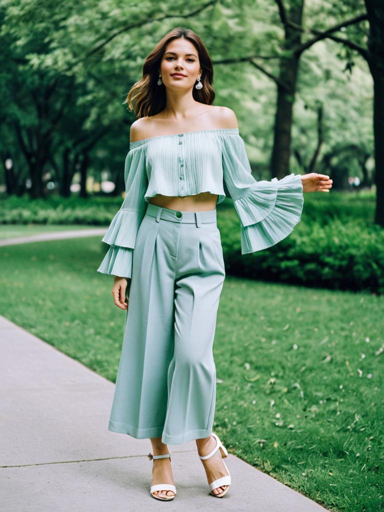 Stylish Woman in Light Blue Off-Shoulder Crop Top and Wide-Leg Pants Walking Outdoors