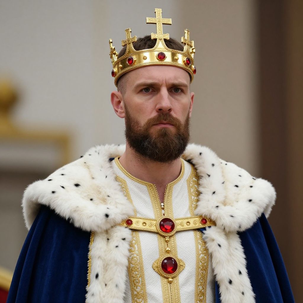 Medieval King Portrait Wearing Royal Crown and Velvet Robe