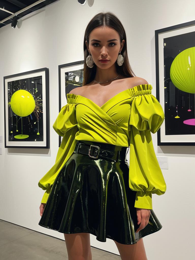Fashionable Woman in Neon Yellow Blouse and Black Vinyl Skirt at Art Gallery