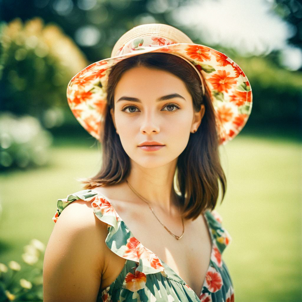 Young Woman in Floral Dress and Straw Hat